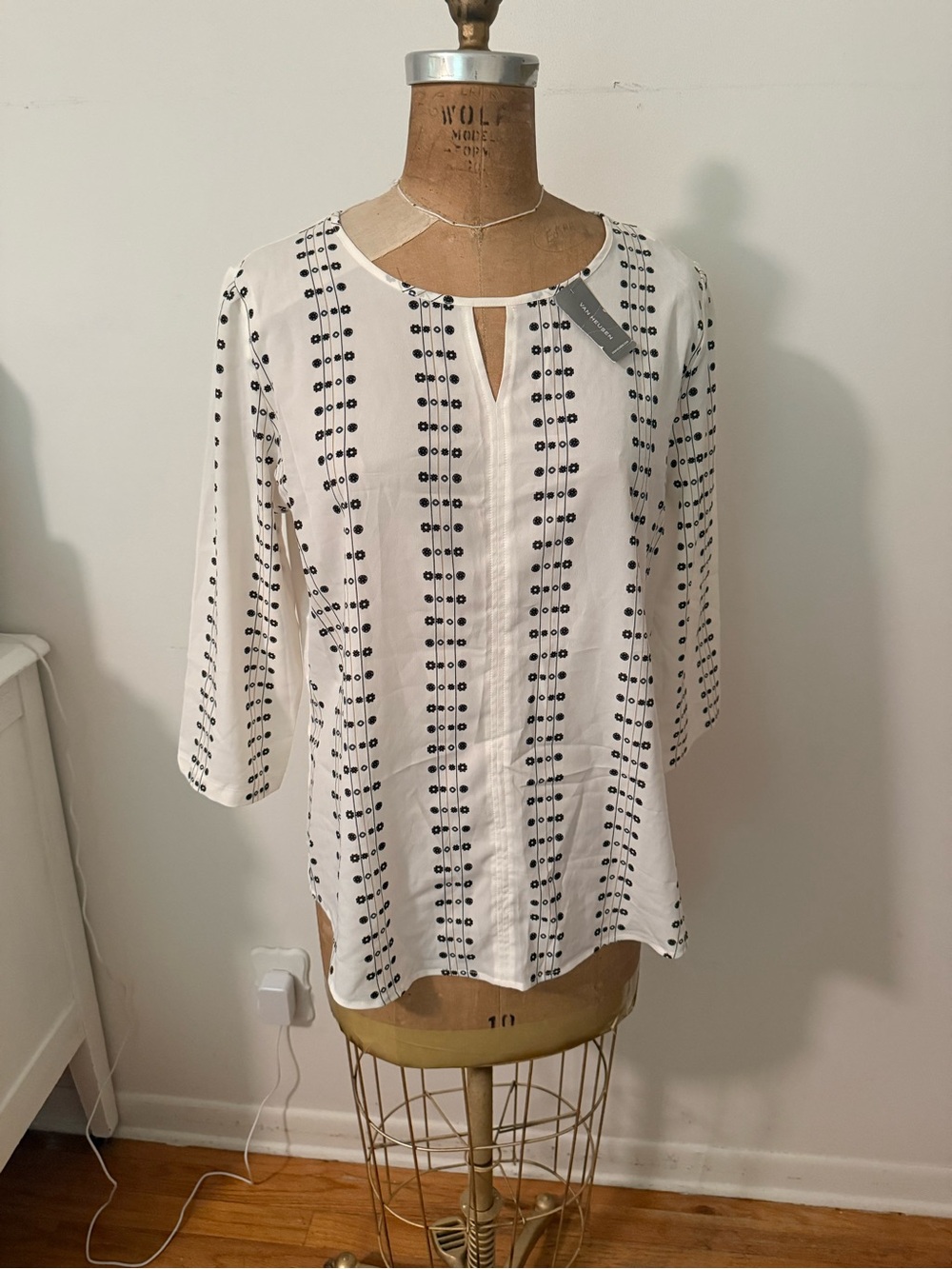 Van Heusen White Blouse with Black Dot-Stripe Pattern